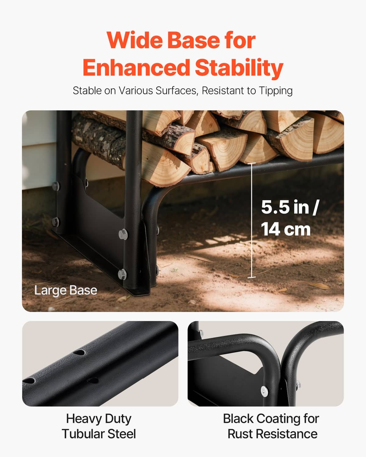 Firewood rack black tubular steel base with black coating for stability
