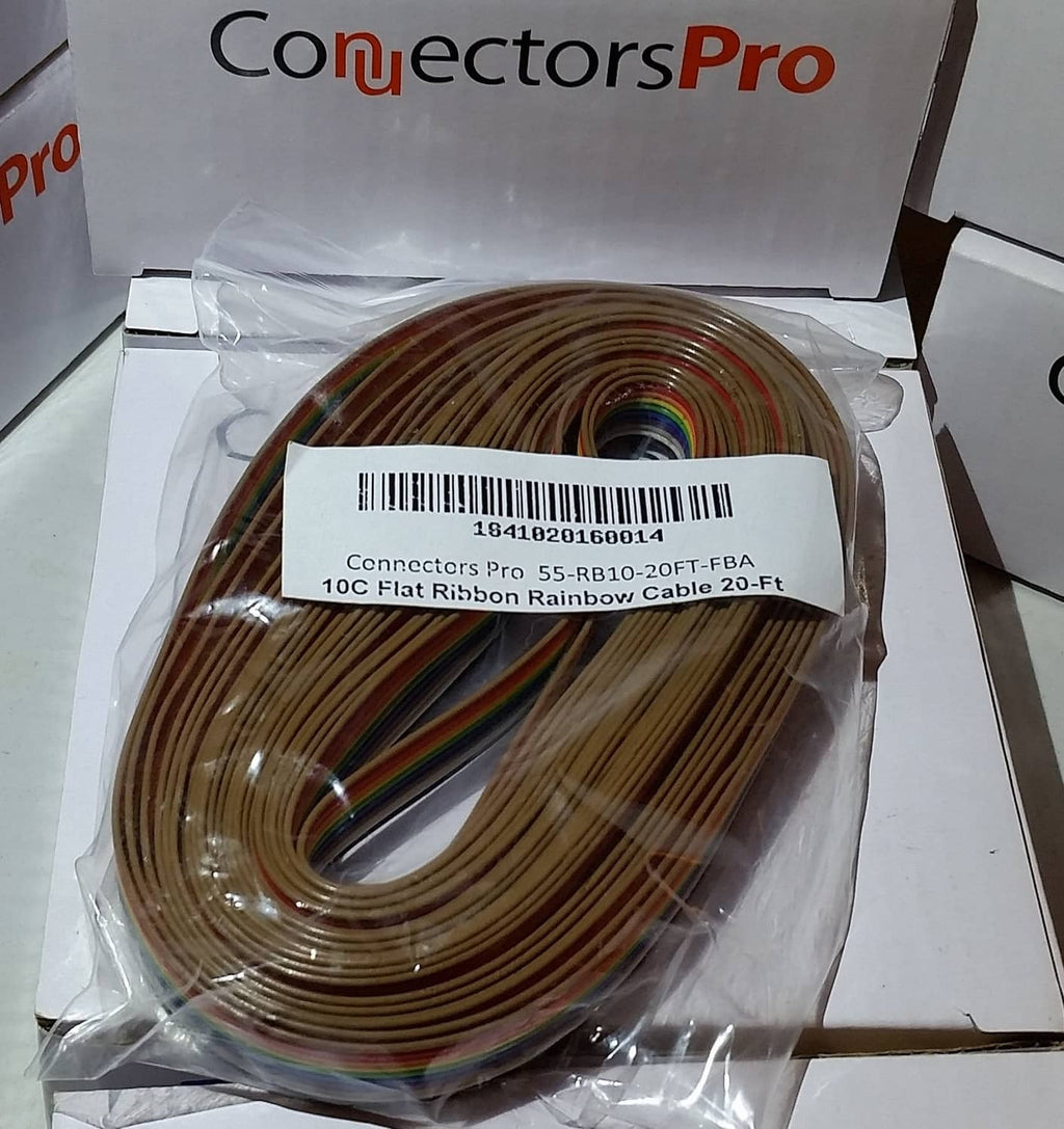 Rainbow flat ribbon IDC connector cable on coil in clear plastic bag with label