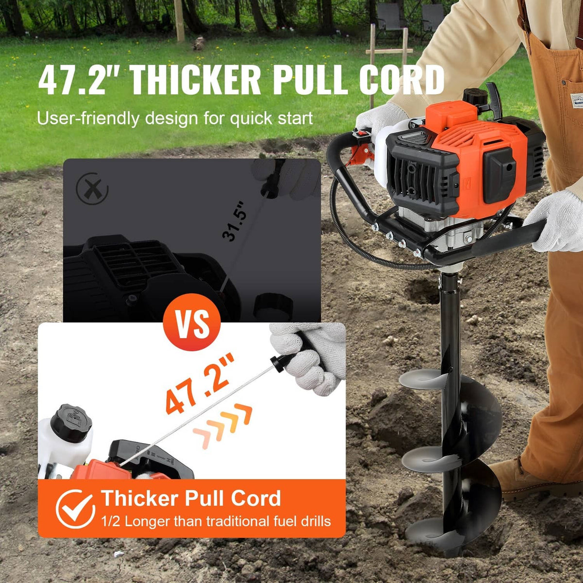 Gas powered earth digger with orange engine, black frame handles, and spiral auger