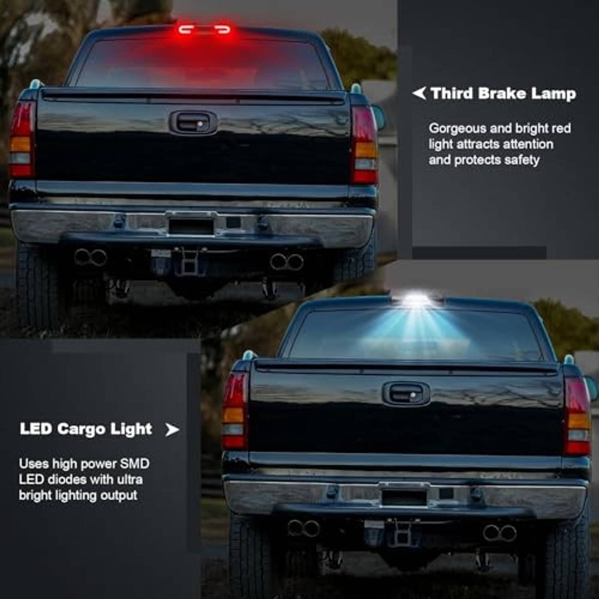 Truck rear LED third brake lamp with bright red LEDs and dark smoked housing.
