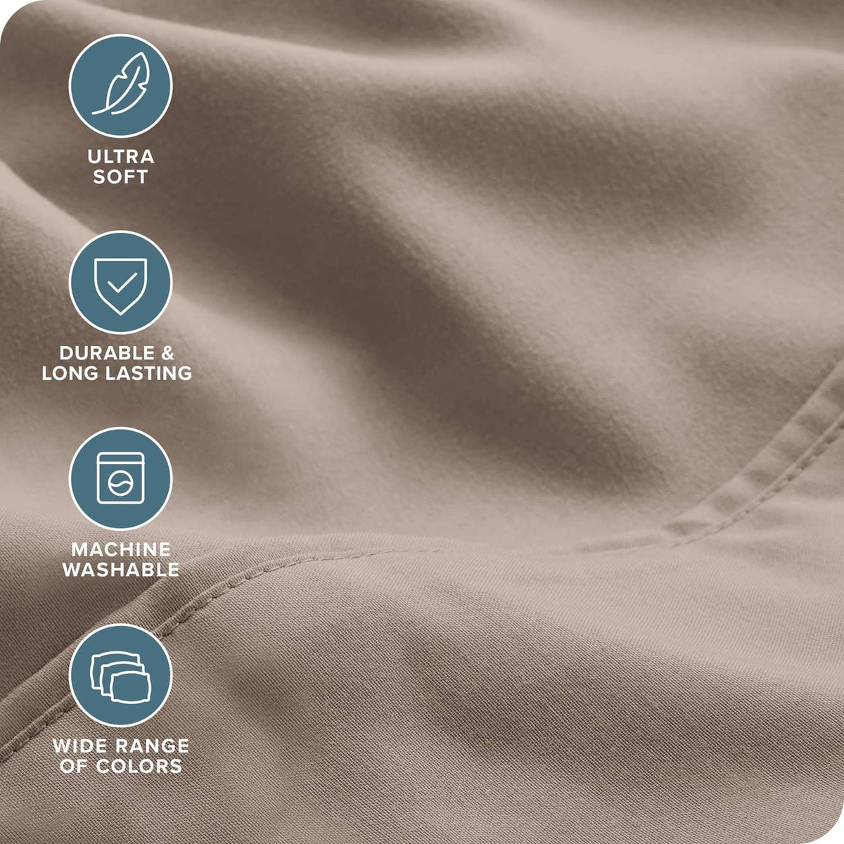 Taupe microfiber sheet set close-up: soft, durable, machine washable, wide color range.