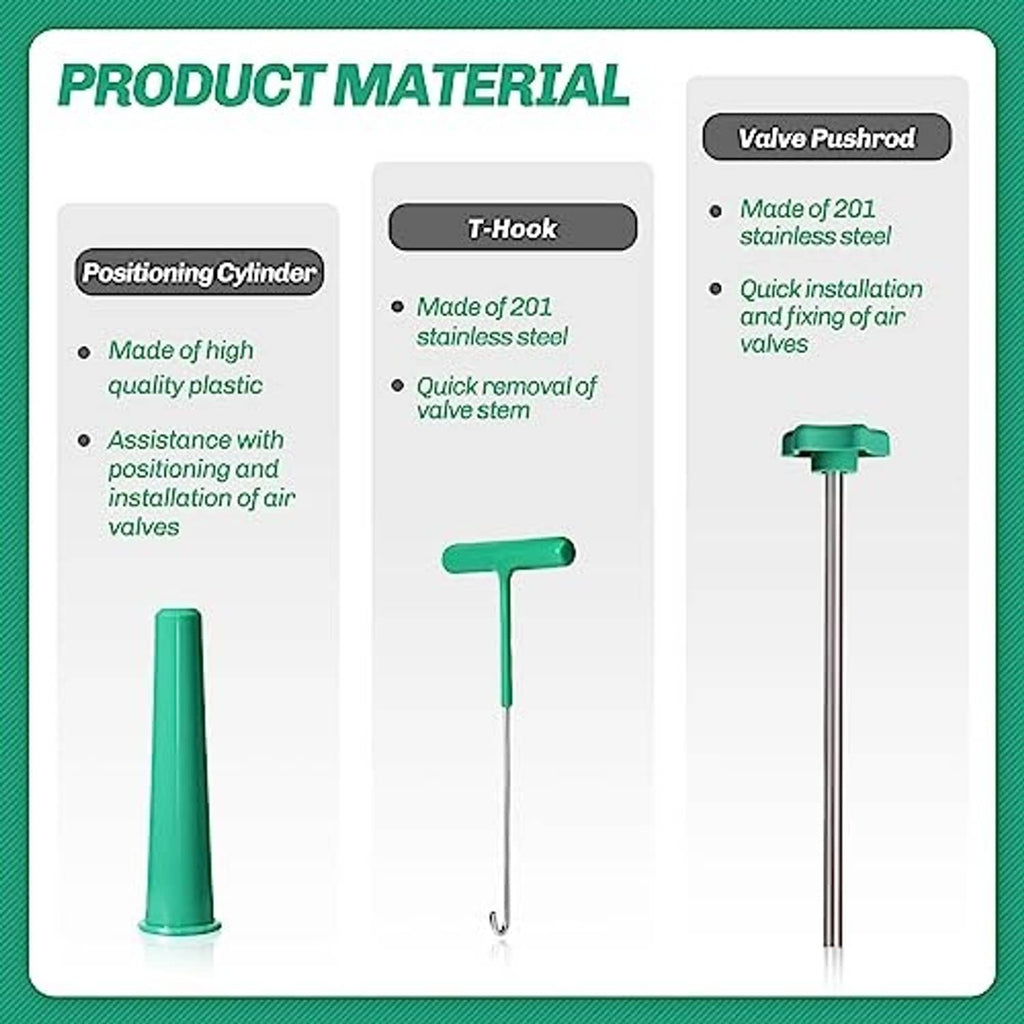 Product materials guide showing positioning cylinder, T-hook, and valve pushrod