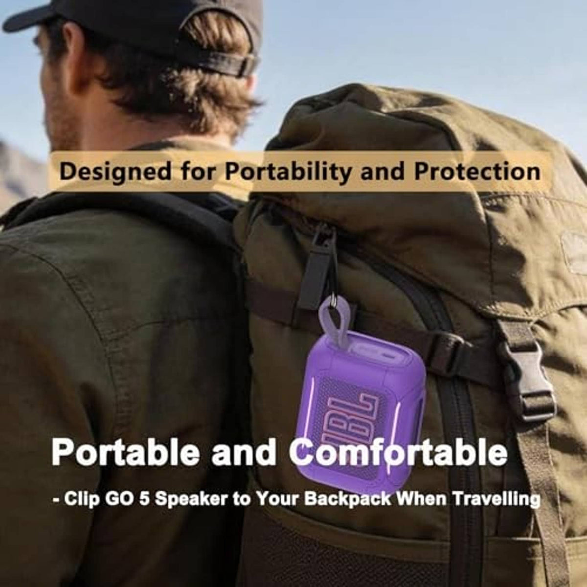 Purple clipped speaker case attached to a backpack strap with carabiner