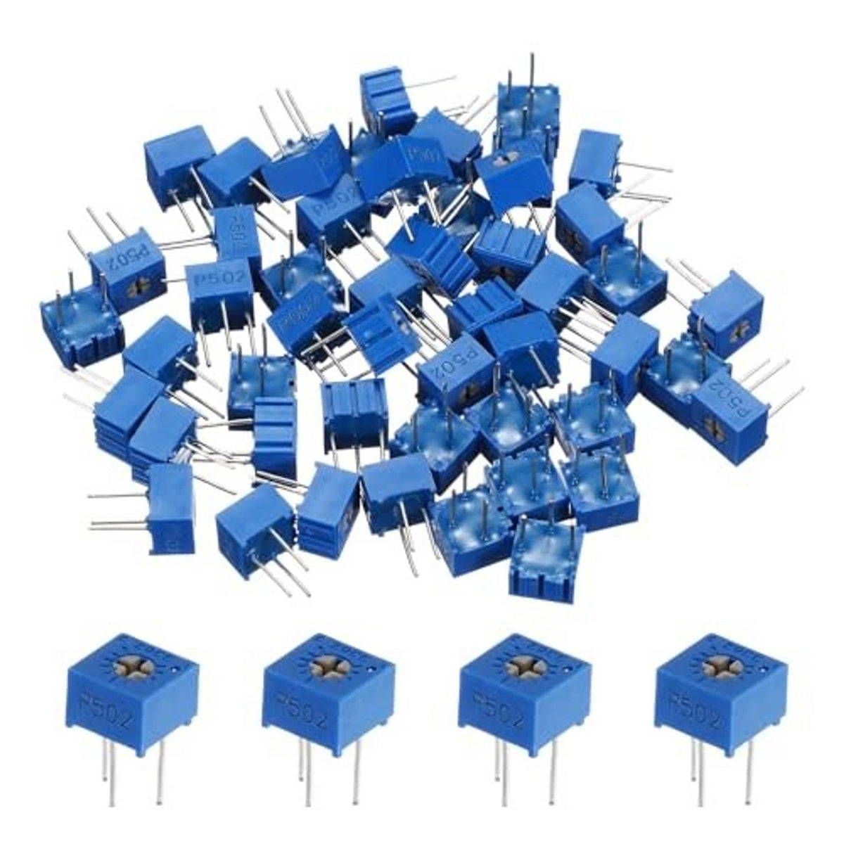 Pack of blue multiturn trimmer potentiometers, top adjustable, with metal pin leads