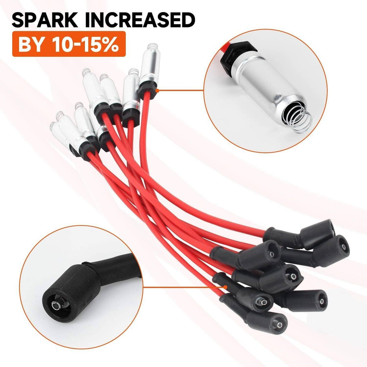 Ignition coil spark plug wire set with red cables and black boots, five coil ends