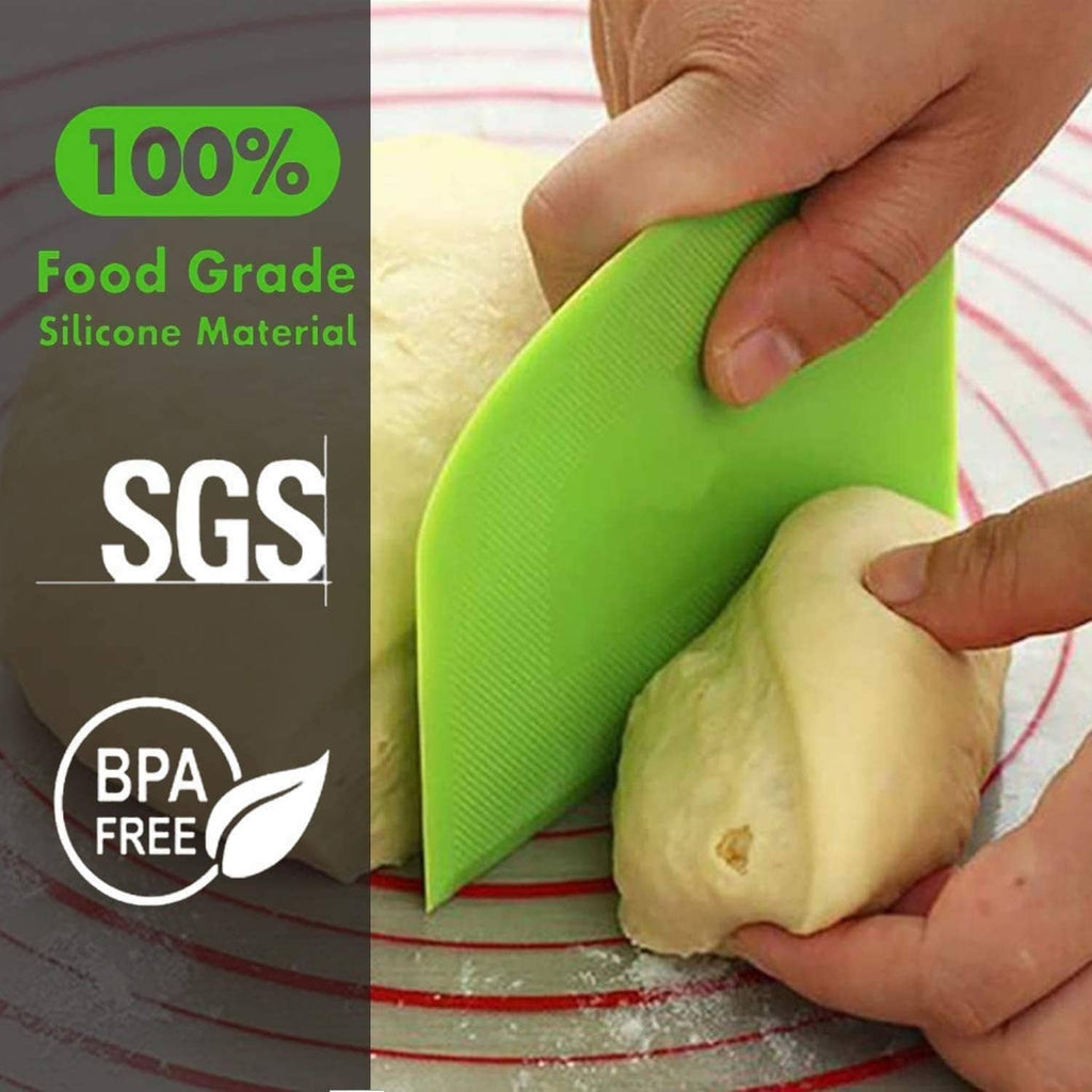 Green silicone dough scraper bench with rounded edge, held by hands