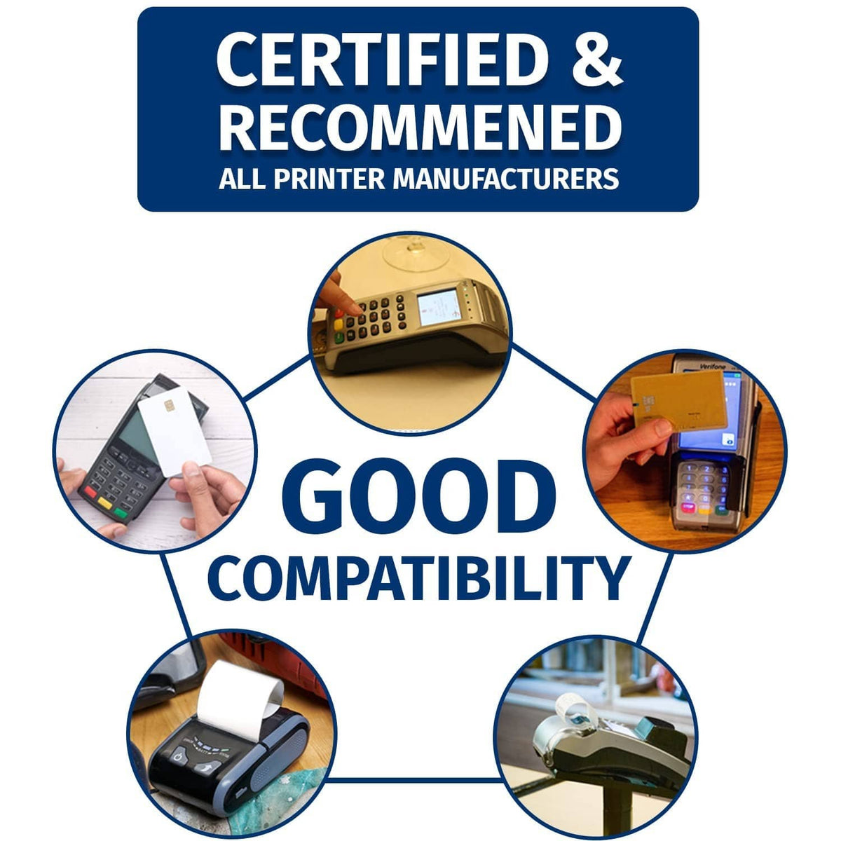 Compatibility and certification graphic for thermal paper rolls across printer manufacturers