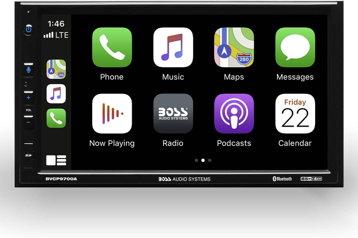 Front view of car stereo touchscreen receiver showing Phone, Music, Maps, and Messages