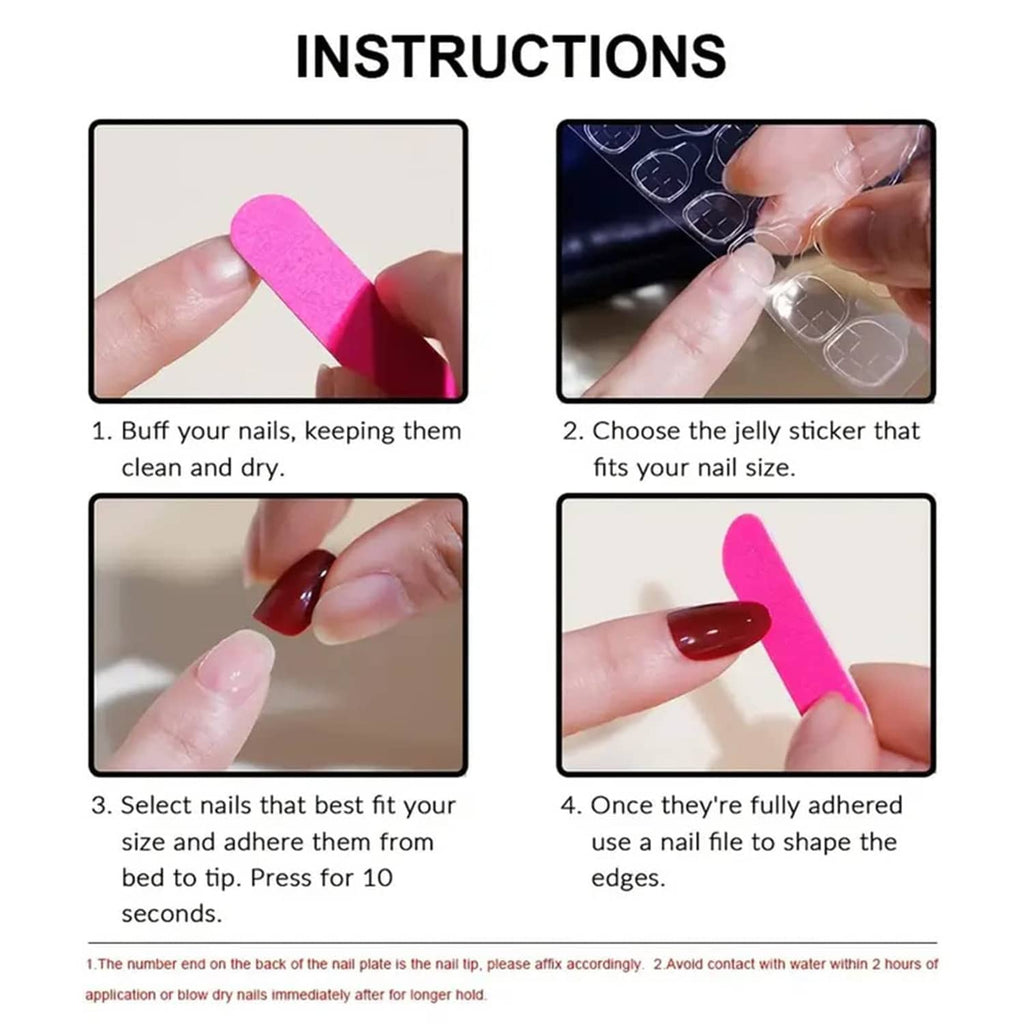 Instructions card for applying press-on nails, with step photos and nail sizing guide