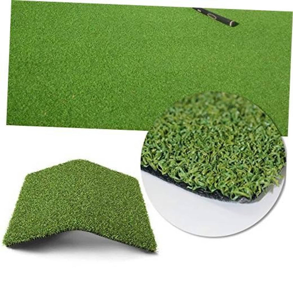 Green artificial grass putting mat, folded corner with visible turf pile texture