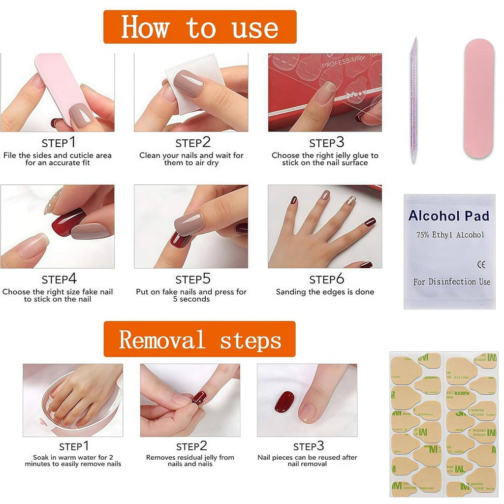 Press-on nail application guide diagram with step panels and nail pieces