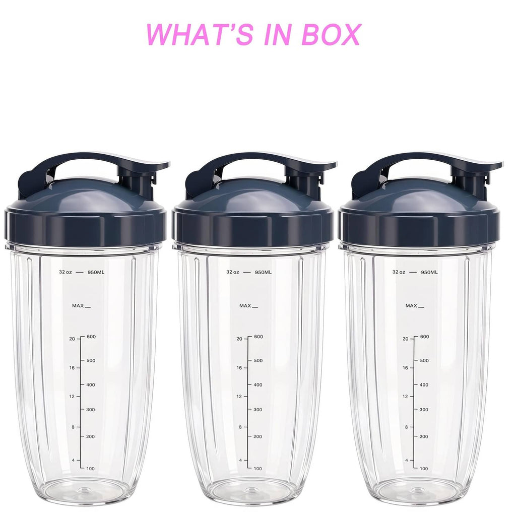 Three-pack replacement blender cups with flip-top dark lids and 32oz markings