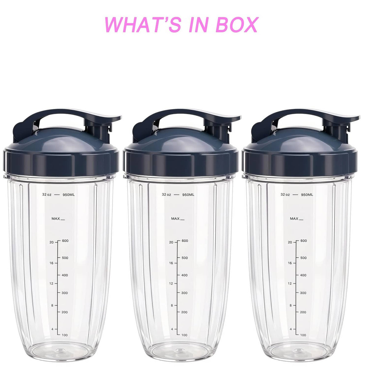 Three-pack replacement blender cups with flip-top dark lids and 32oz markings