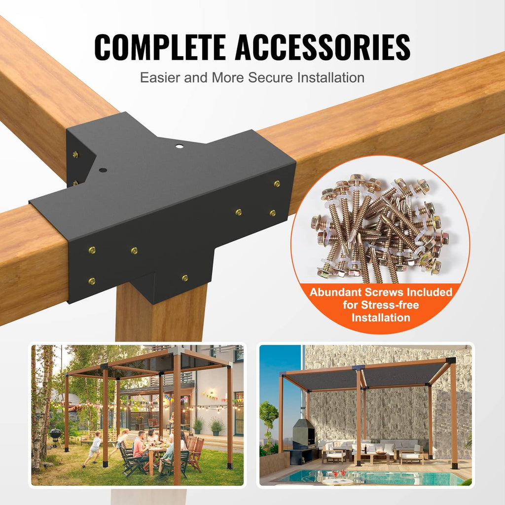 Black 4-way corner bracket with included screws and hardware for pergola installation