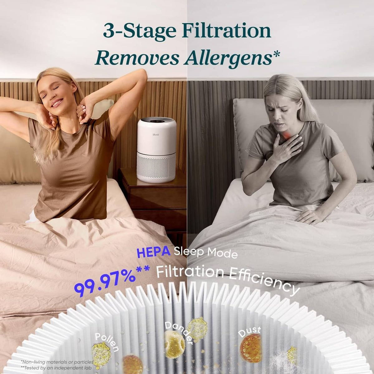 White air purifier placed on a bedroom nightstand on a bed surface