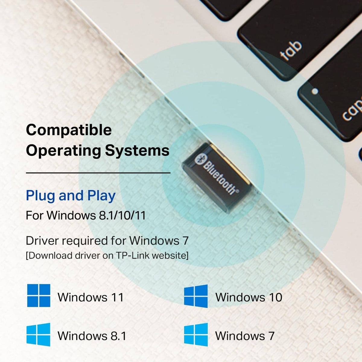 USB Bluetooth adapter shown near keyboard with plug-and-play OS compatibility text