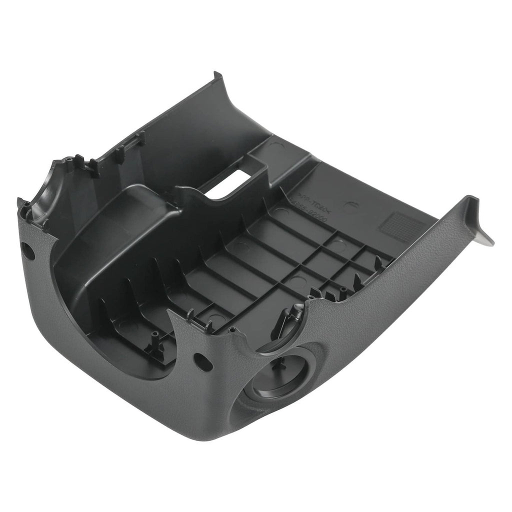 Black steering column lower cover with underside ribs, tabs, and circular opening
