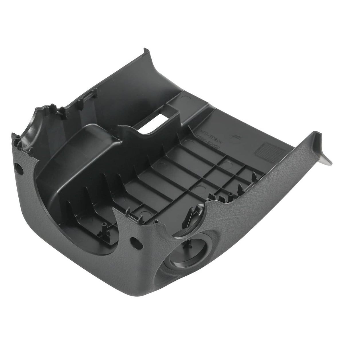 Black steering column lower cover with underside ribs, tabs, and circular opening