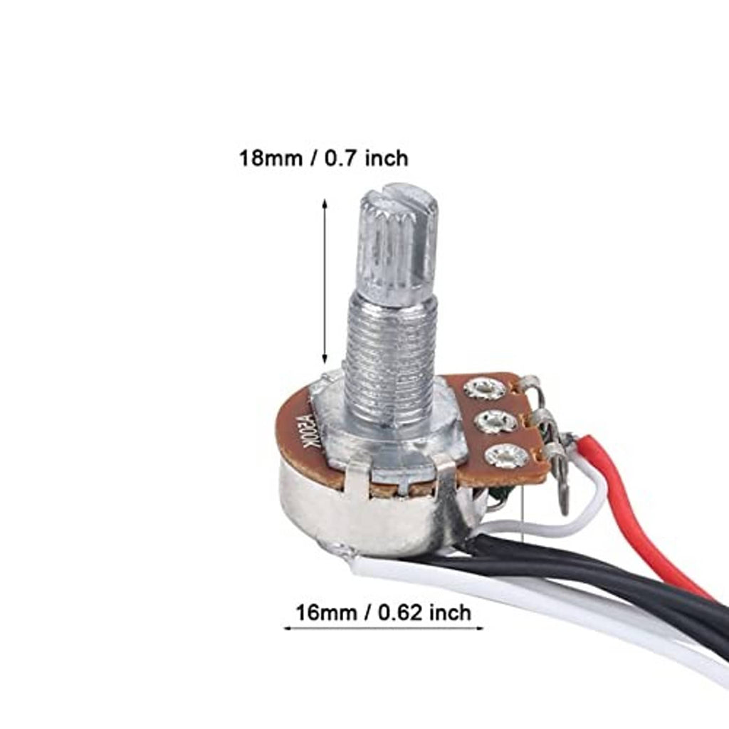 Potentiometer and 3-way switch assembly with red, black, and white wiring leads