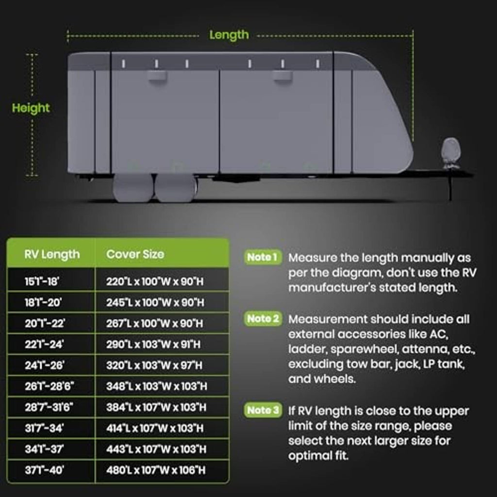 Gray RV travel trailer cover size chart with height and length measurement guide