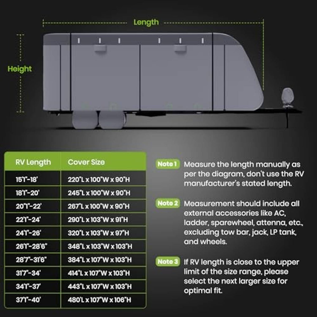 Gray RV travel trailer cover size chart with height and length measurement guide