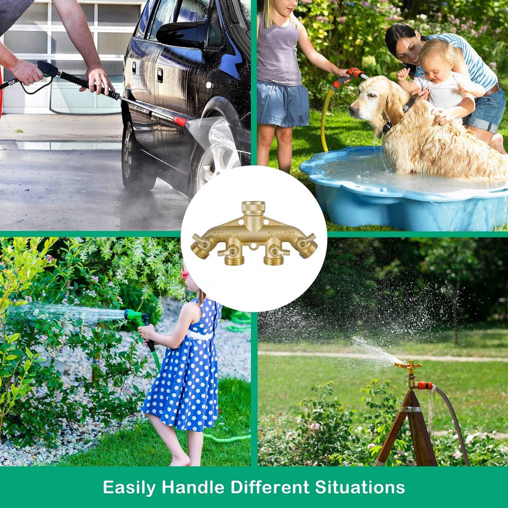 Brass 4-way hose splitter attached to a garden hose for multi-outlet watering