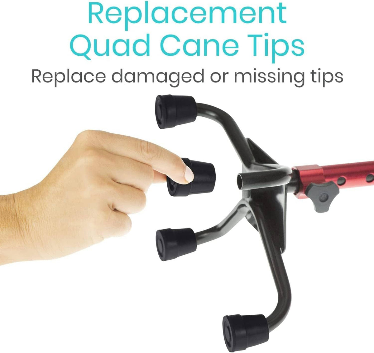 Black replacement quad cane tips shown being fitted onto cane legs