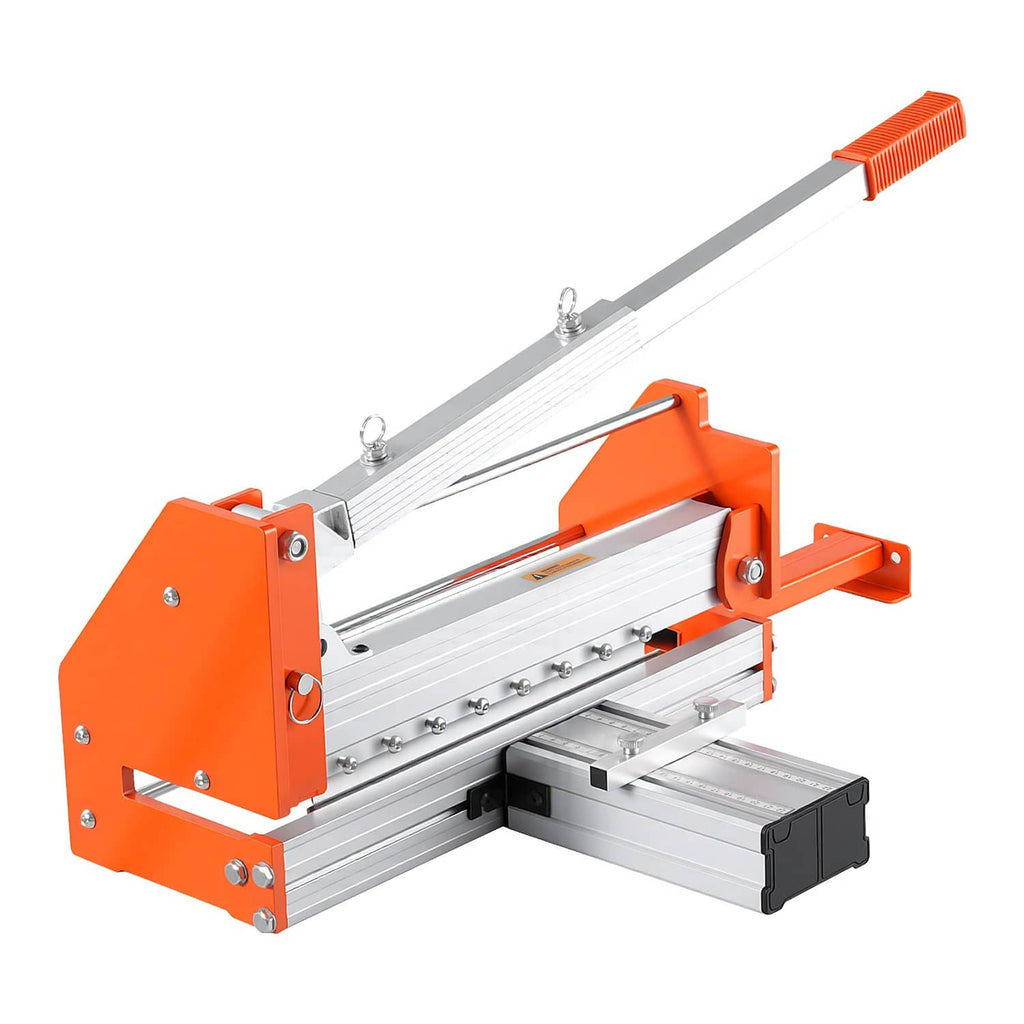 Flooring cutter tool with orange frame, long gray cutting guide bar, and side handle