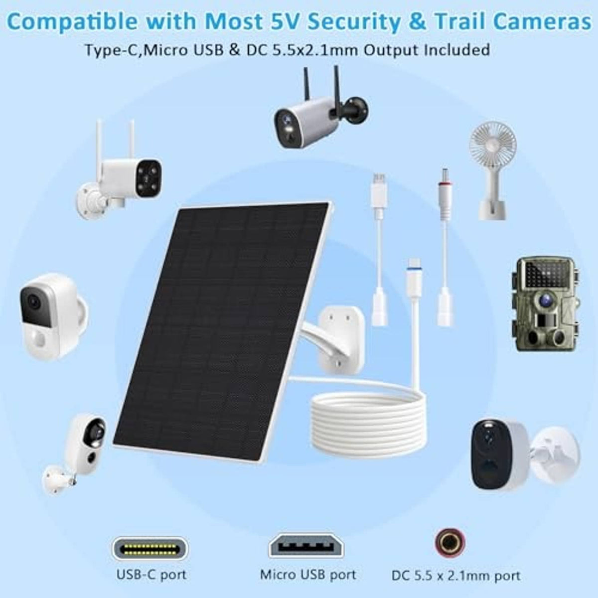 Solar panel charger kit with white cables and DC/USB connectors for security cameras