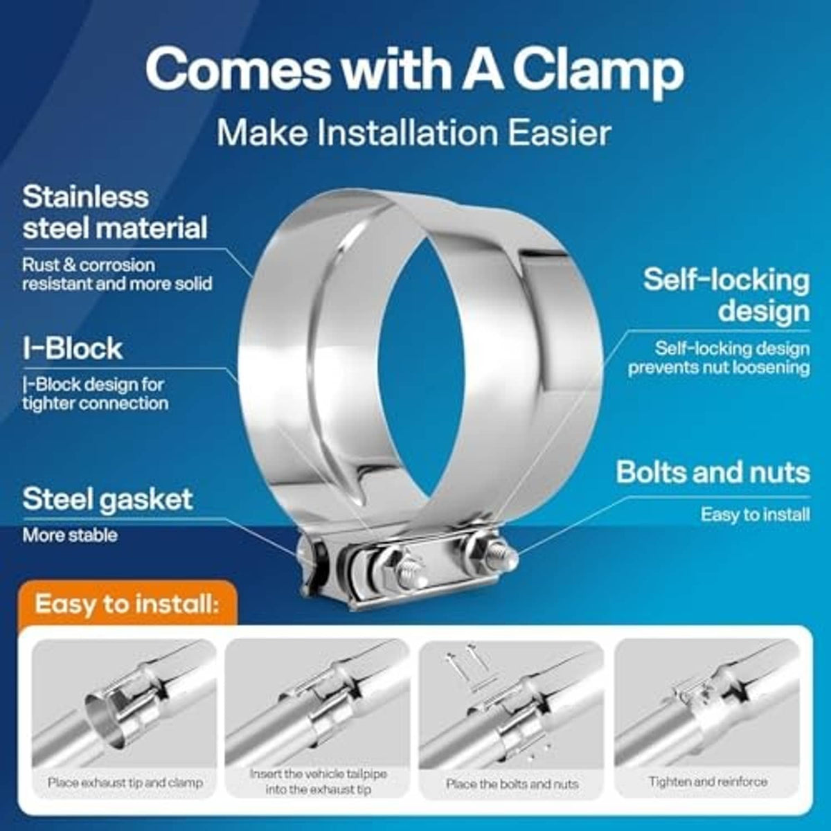 Stainless exhaust elbow tip with included clamp, bolts, and steel gasket