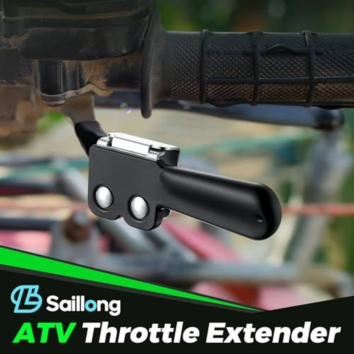 Black thumb throttle extender attached to handlebar grip, close-up view.