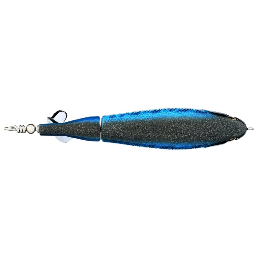 Blue and black topwater bullet fishing lure, side view