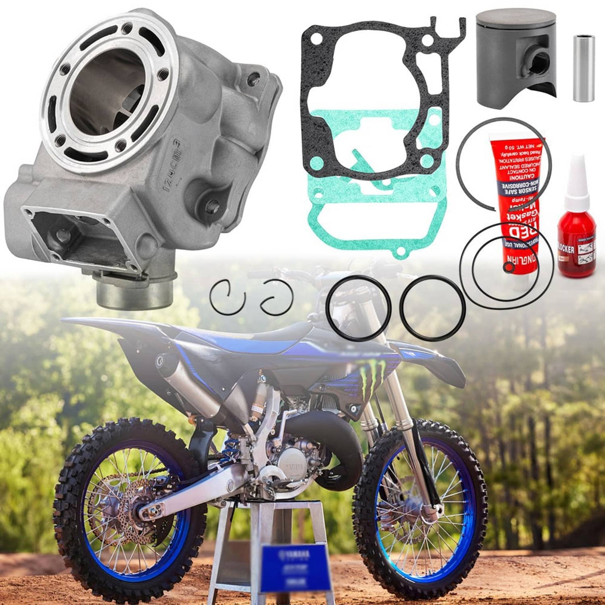 Cylinder bore kit close-up with cylinder, piston, rings, sealing rings, and gaskets
