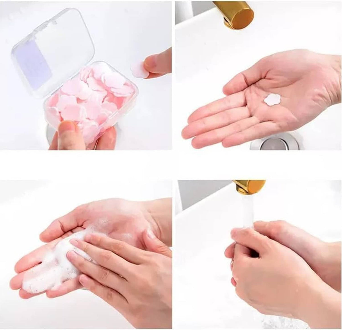 Hands rinsing and lathering petal-shaped soap paper sheets for washing