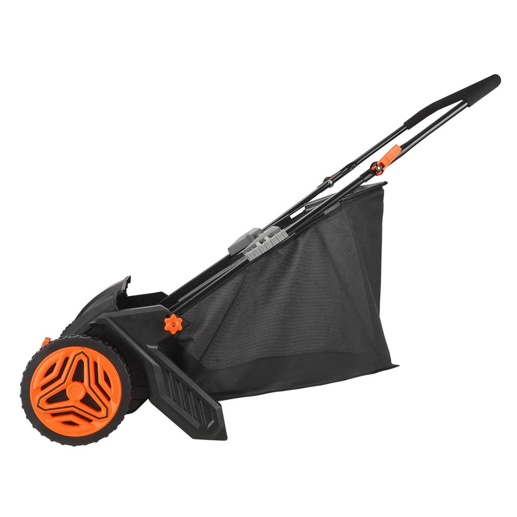 Push lawn leaf sweeper with black mesh bag, orange wheels, and long handle