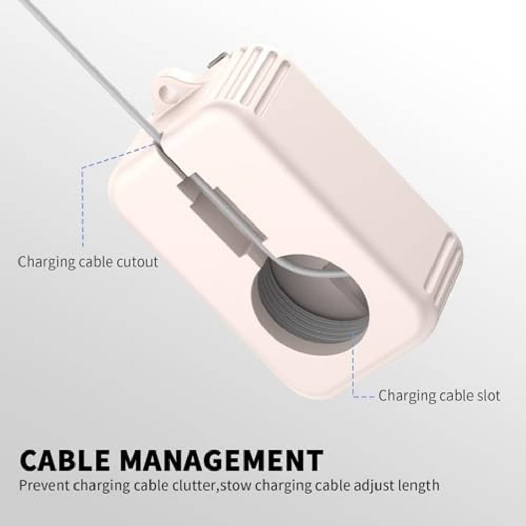 Off-white silicone charger stand cover with gray circular charging cutout and cable slot