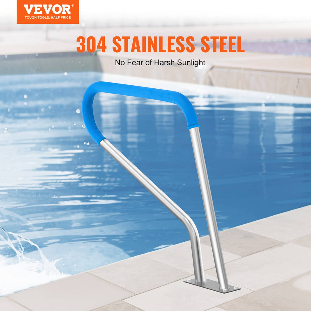 Stainless steel pool handrail with blue non-slip grip and flat base plate