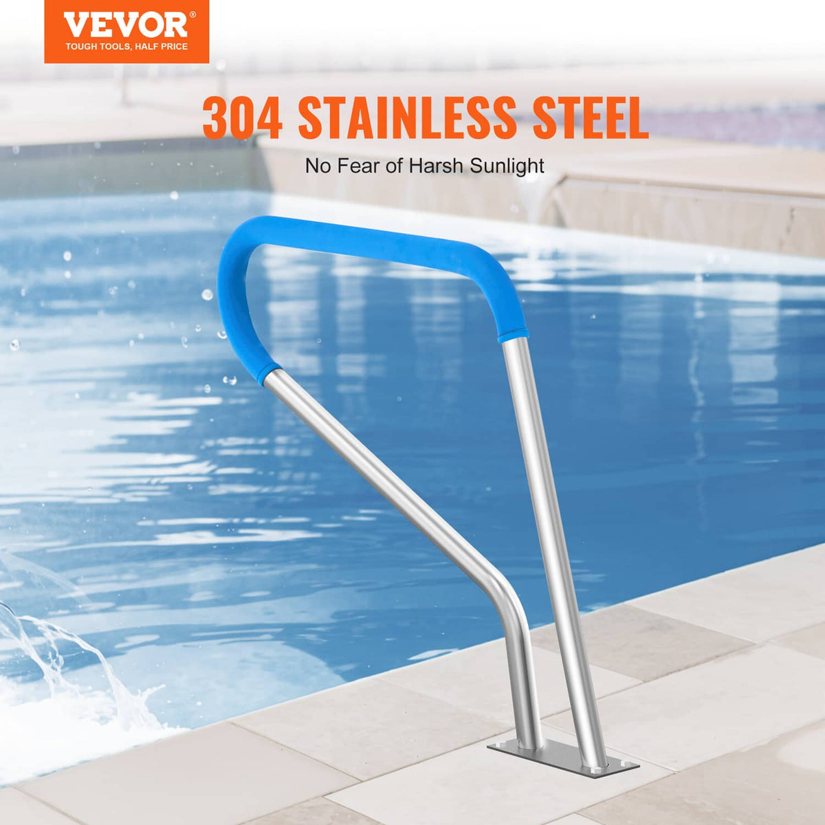 Stainless steel pool handrail with blue non-slip grip and flat base plate