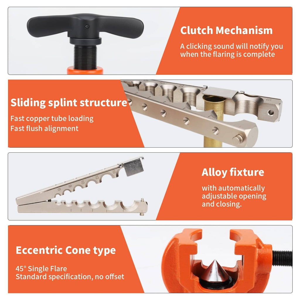 Clutch-style copper flaring tool with orange base and sliding splint fixture