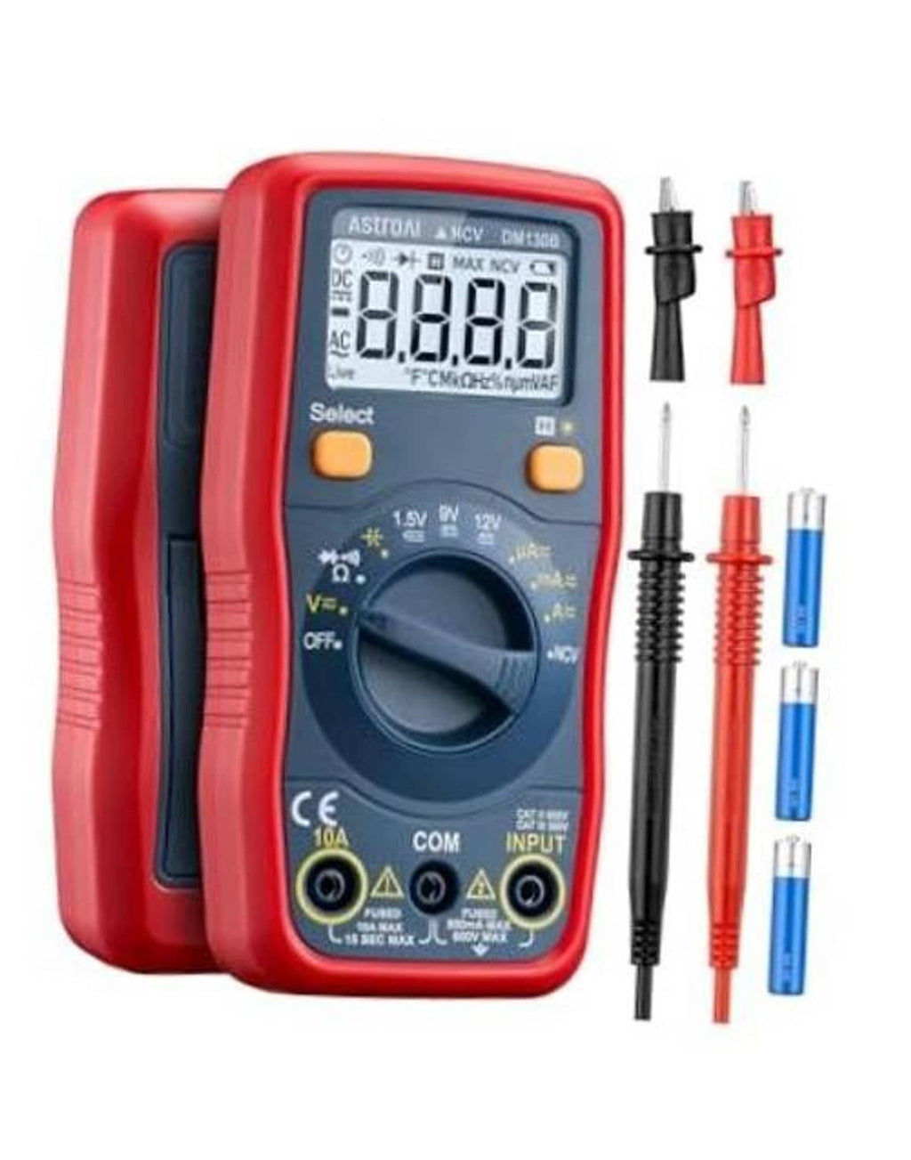 Digital battery voltmeter multimeter with red case, LCD display, test leads included