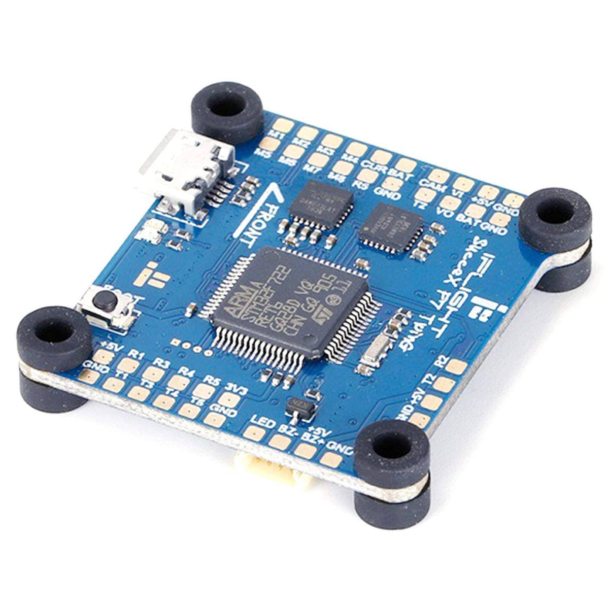 Black anti-vibration standoffs mounted on a blue circuit board, four pieces with holes