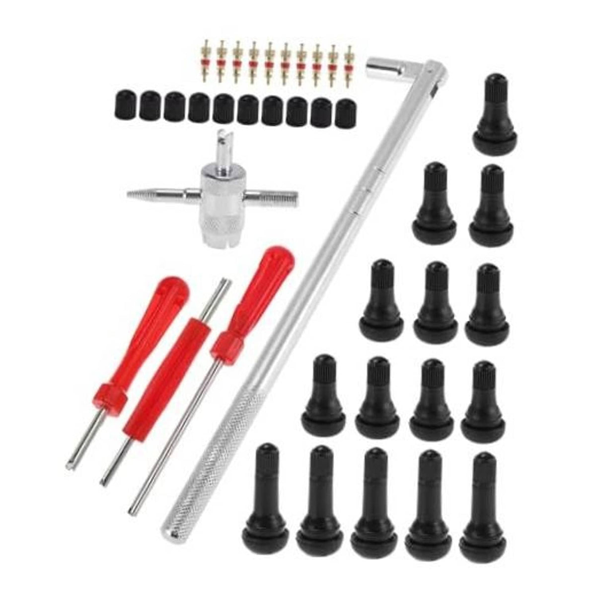 Tire valve stem puller set with long wrench, red handle tools, and black valve caps