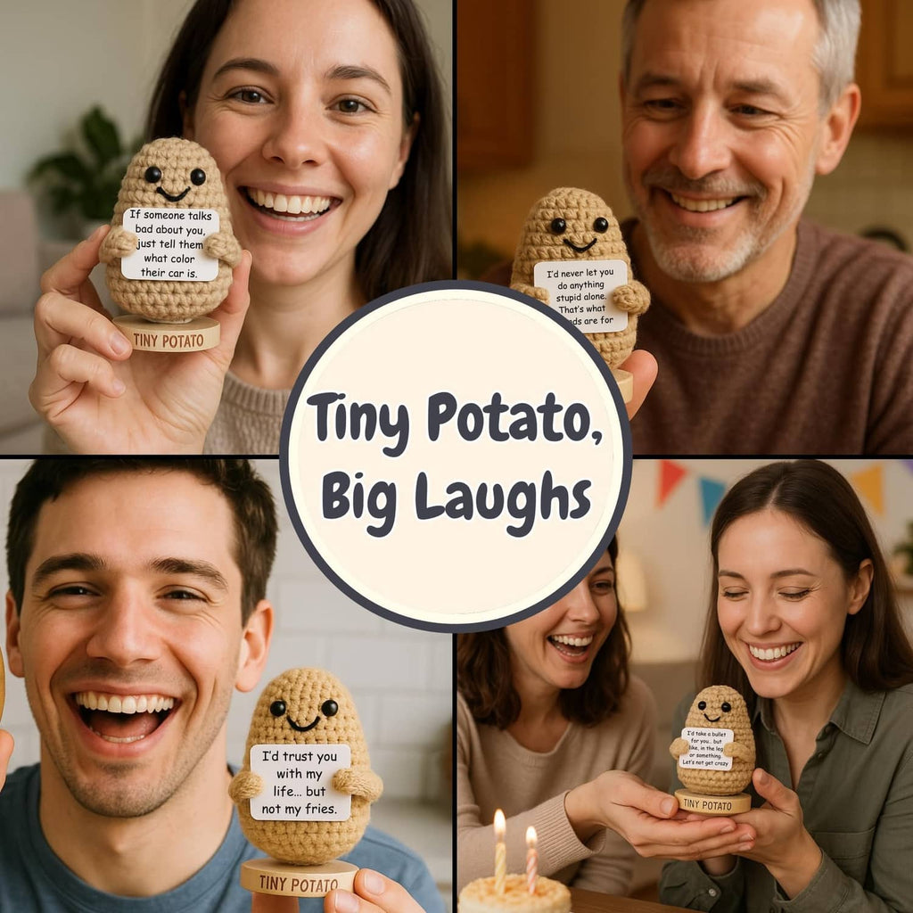 Crochet potato figurine with bead eyes and smile, shown held by smiling people