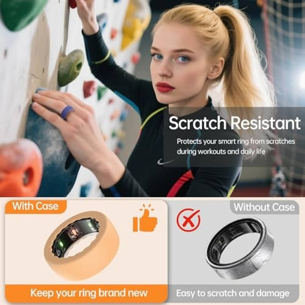 Silicone ring cover worn on a finger, shown in a blue exterior color.