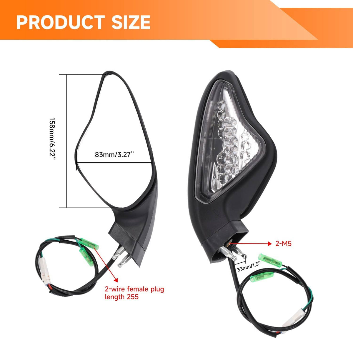 Rear-view mirror signal light, black with LED lens and 2-wire female plug