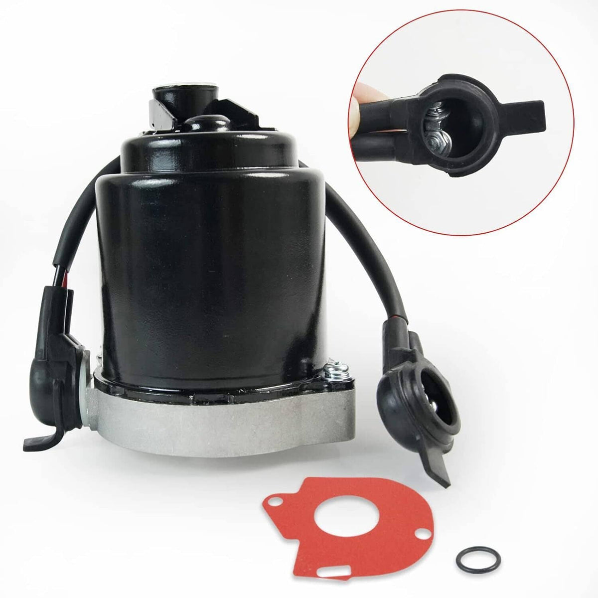 Brake booster pump motor with black cylinder, wiring harness, gray base, and red gasket