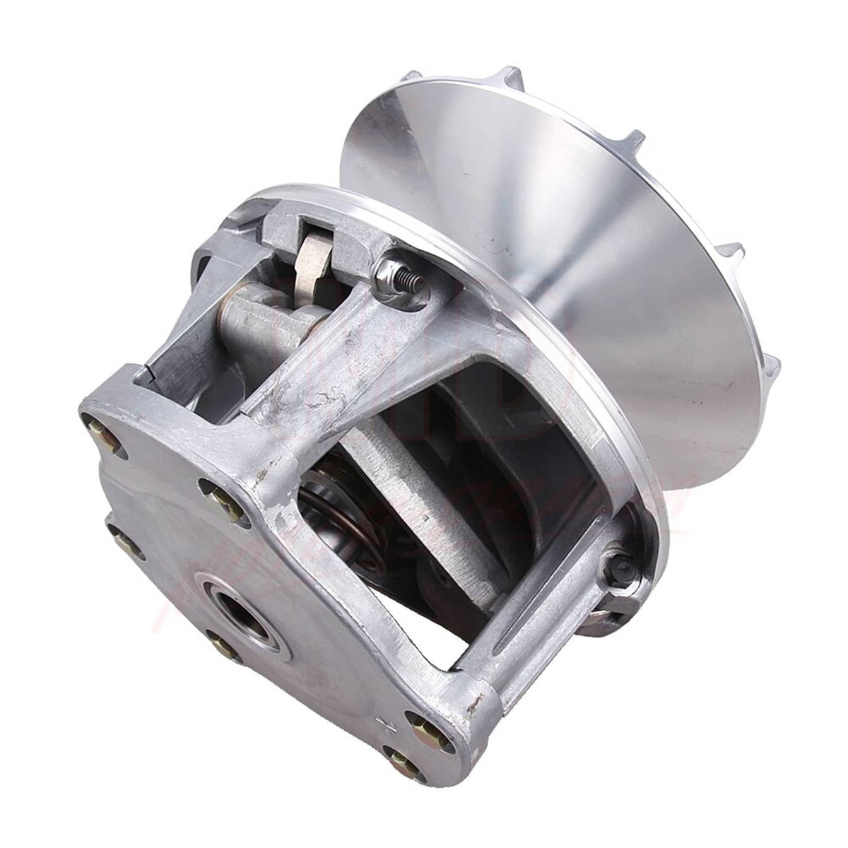 Angled view of silver metal drive clutch assembly showing inner guide and spring