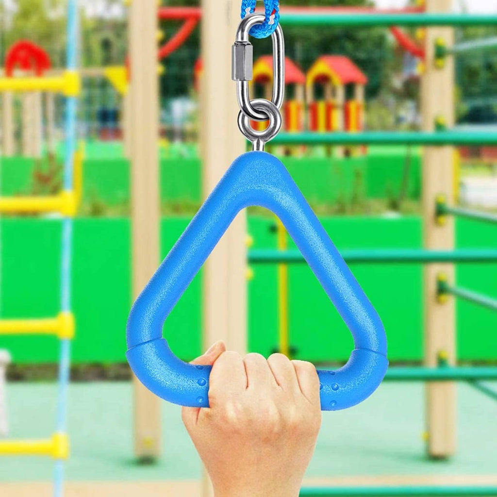 Blue trapeze swing bar ring with metal carabiner above a hand on a playground