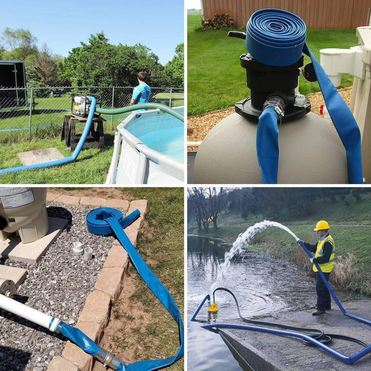 Blue pool backwash hose routed from pump equipment to the pool edge outdoors