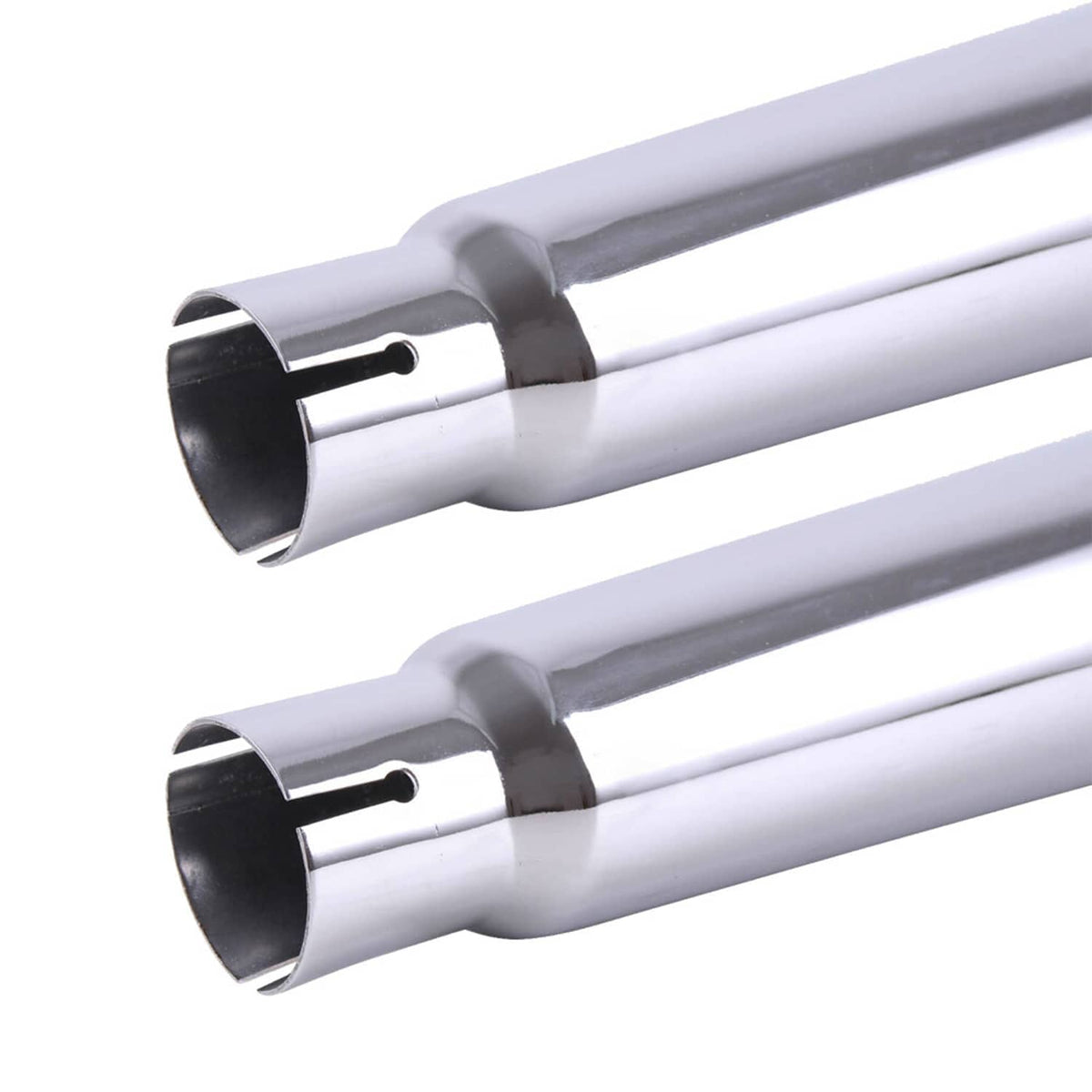 Chrome exhaust pipe outlets with black interior tips, angled close-up pair